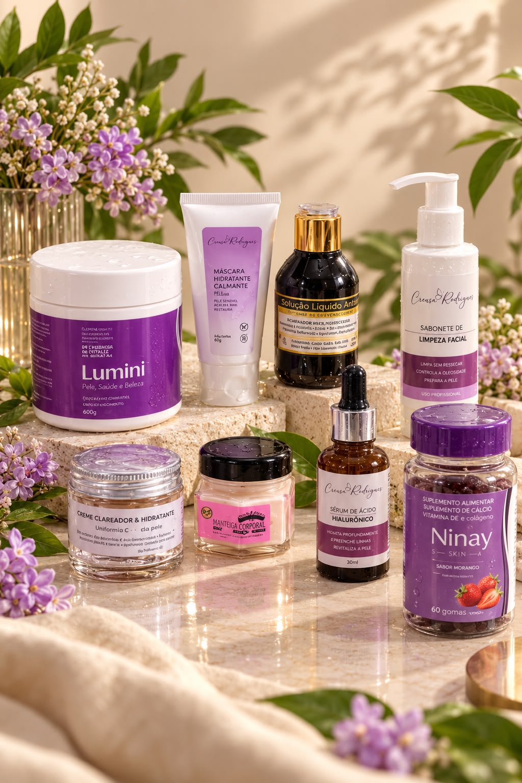 Produtos de cuidados faciais com rótulos roxos sobre pedra clara, entre flores lilás e folhas